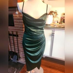 Sz Medium Emerald Green Satin ruched Cowl neck dress